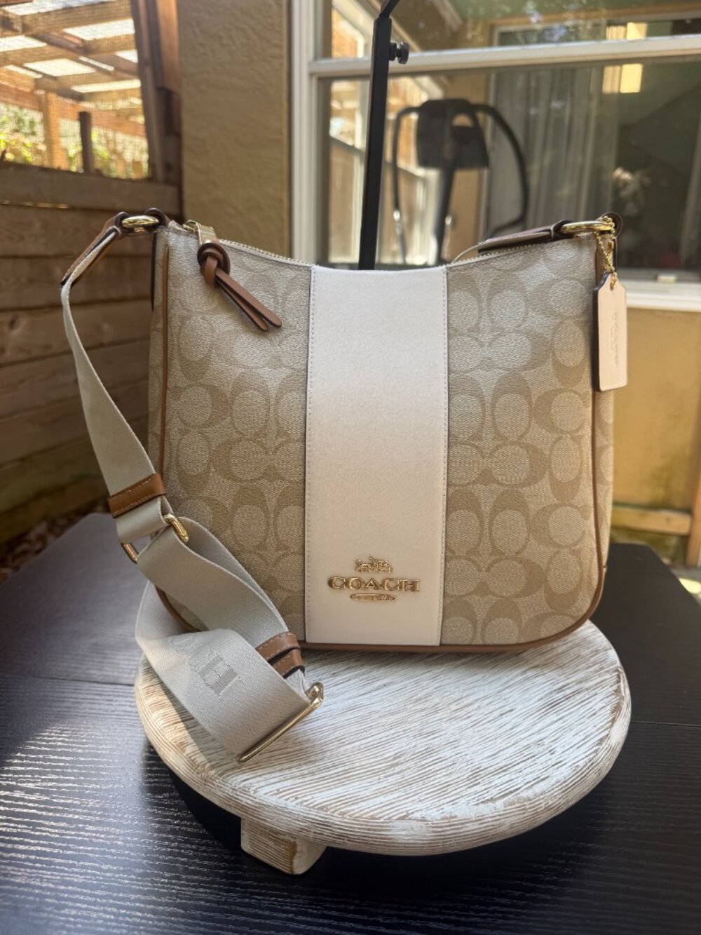 Coach Ellie File Crossbody Bag Signature Monogram w/ Stripe Canvas Leather